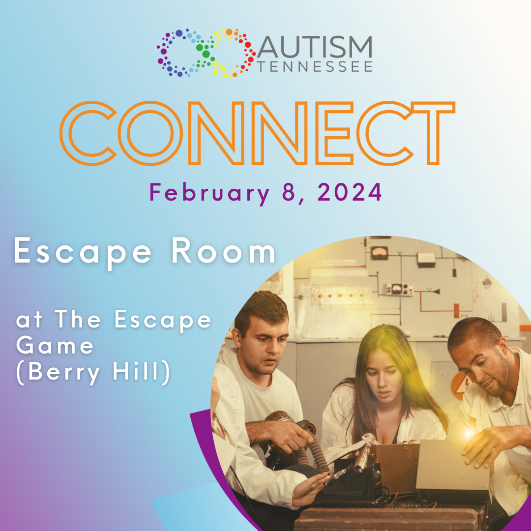 AutismTN Connect, February 8, 2024. Escape Room at the Escape Game Nashville. Photo of group of people solving a puzzle.